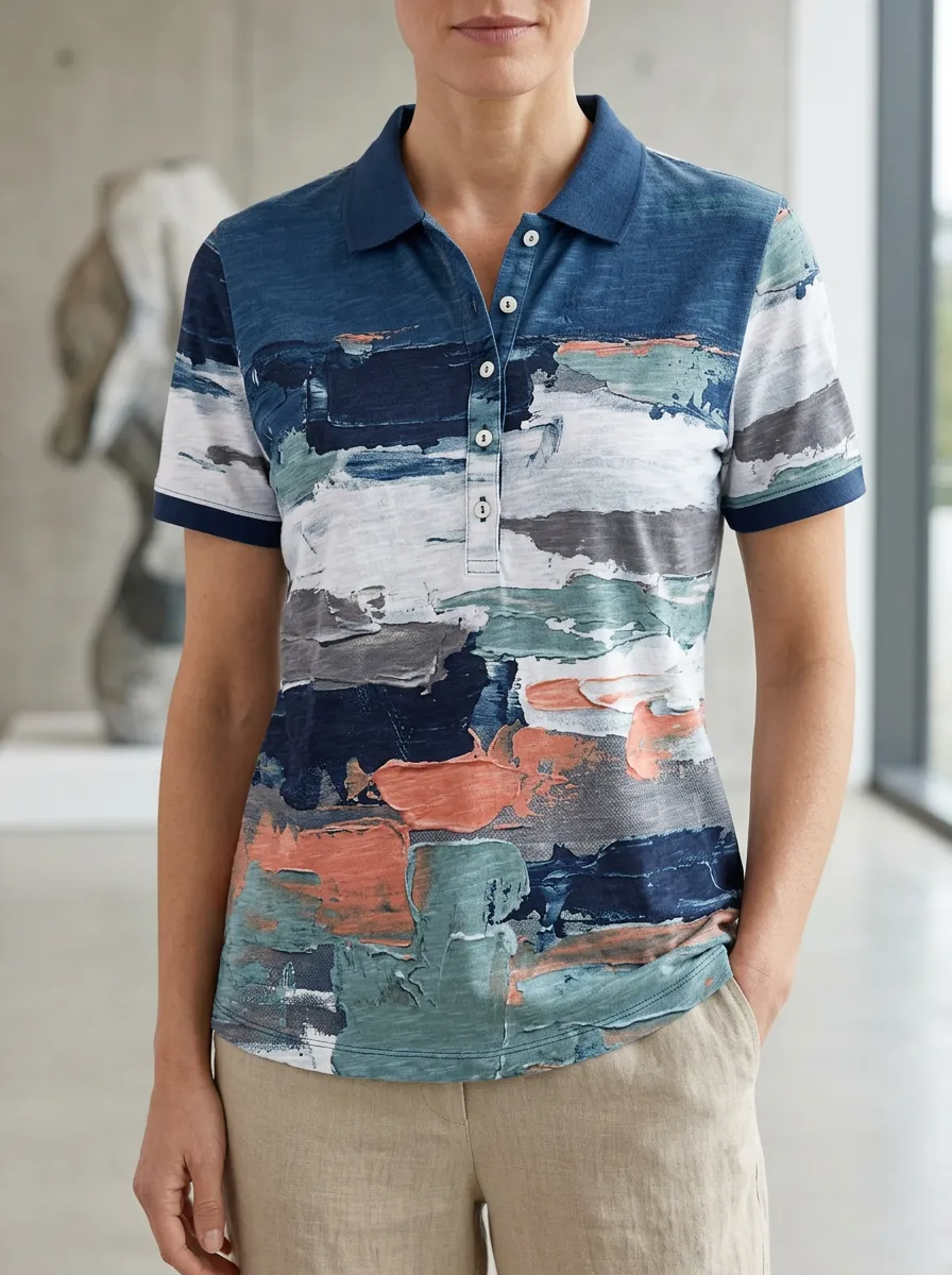 Women's Abstract Oil Painting Style Printed Polo Shirt