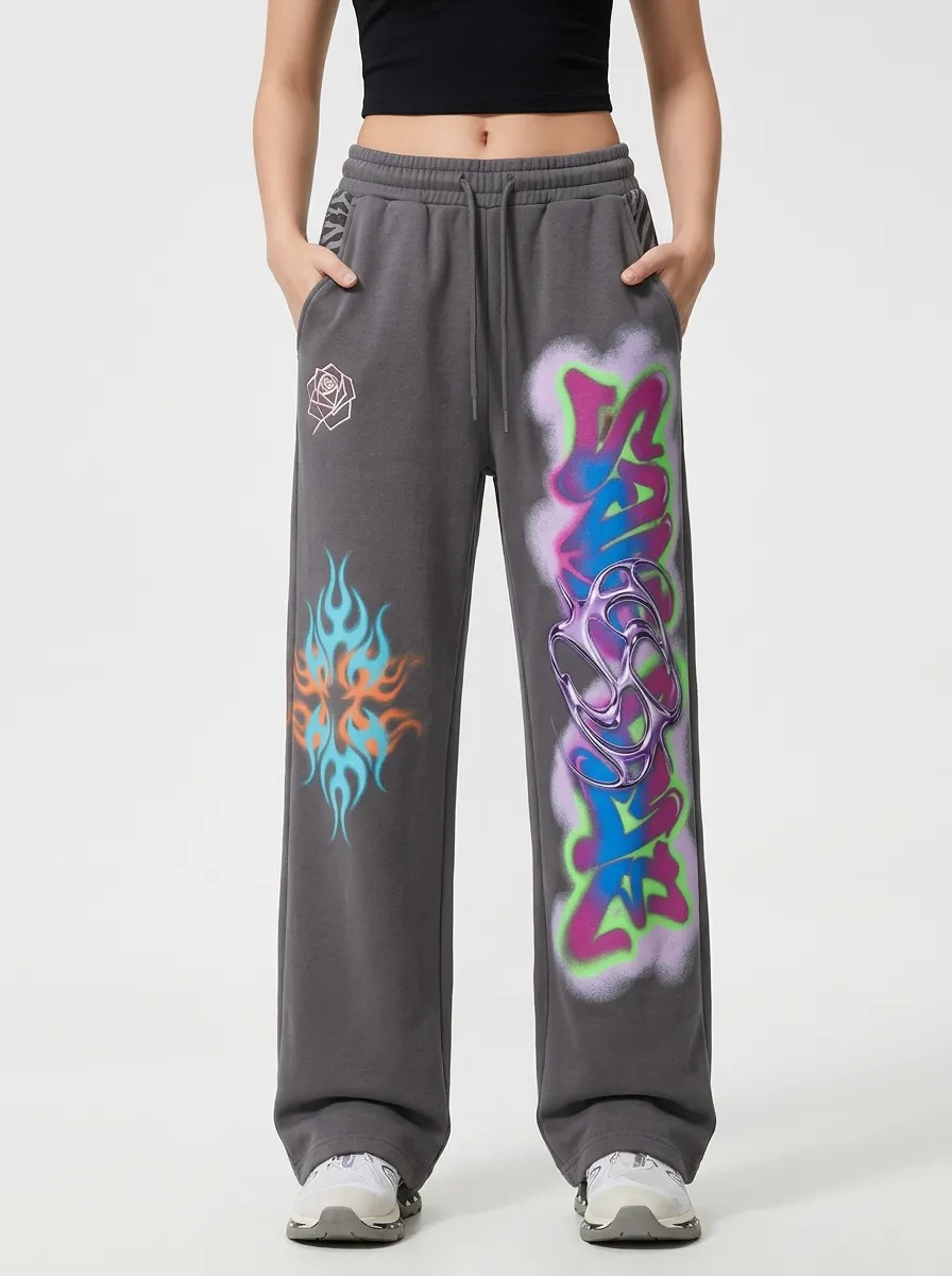 Unisex Streetwear Graffiti Rose Flame Sweatpants