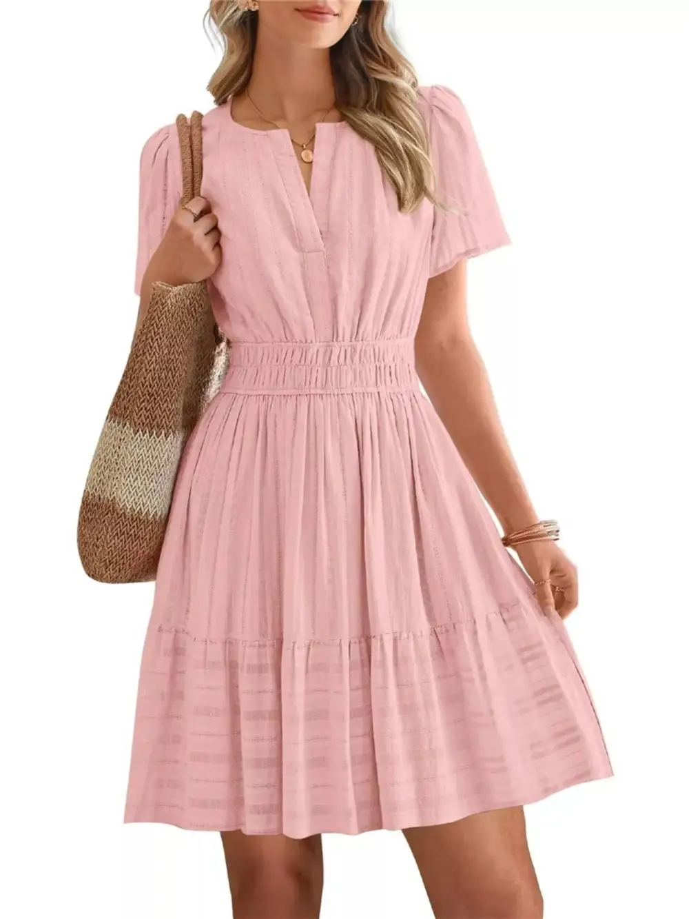 Tiered Smocked Short Sleeve Casual Dress