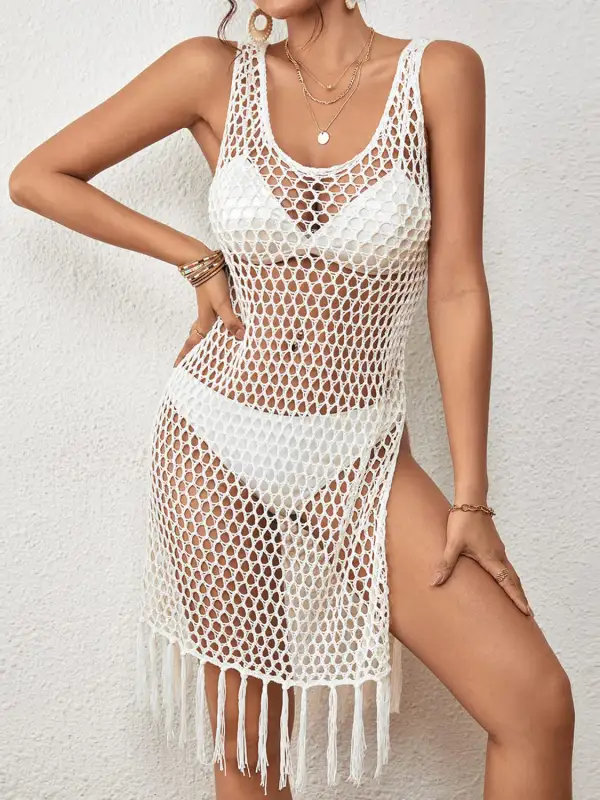 Cutout Wide Strap Cover Up With Tassel