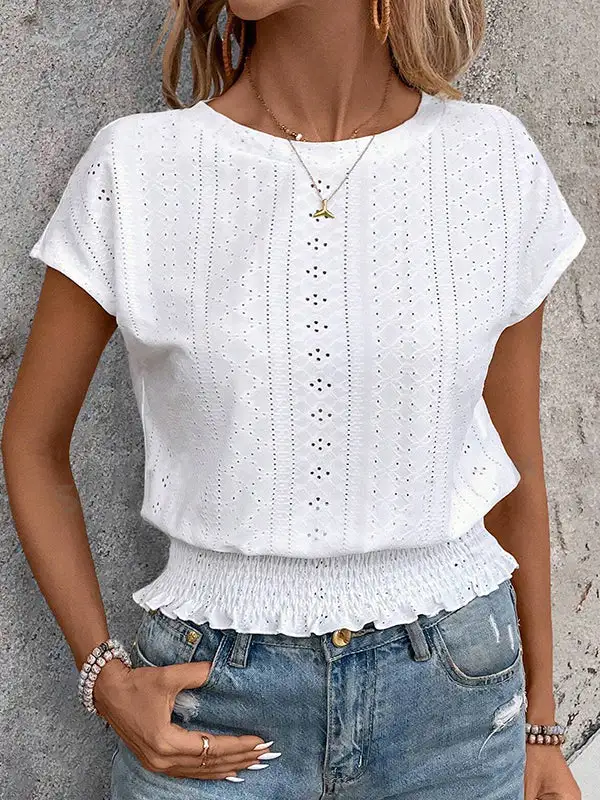 Relaxed Short Sleeve Elasticity Cutout Jacquard Round Neck T-Shirt