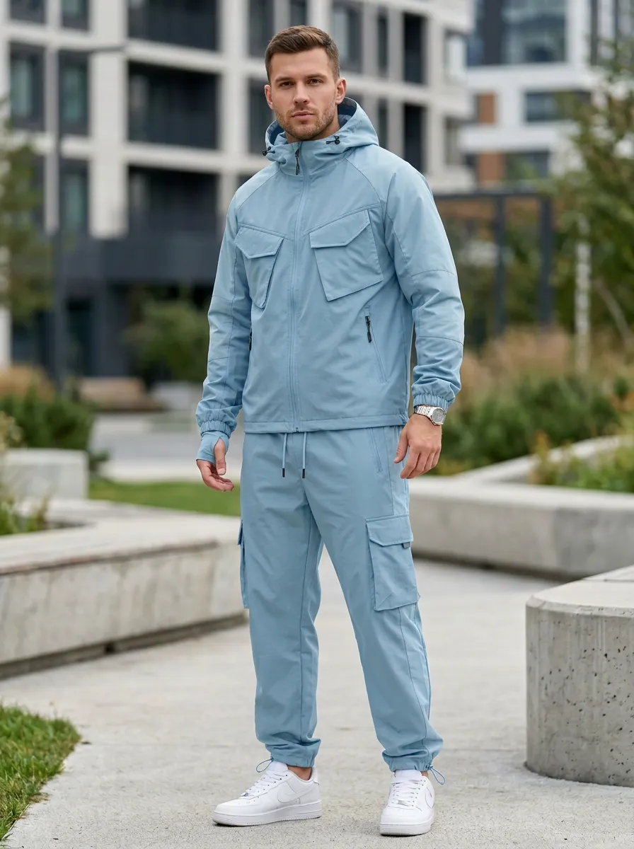 Hooded Cargo Detail Tactical-Inspired Unisex Zip Hoodie Tracksuit Set