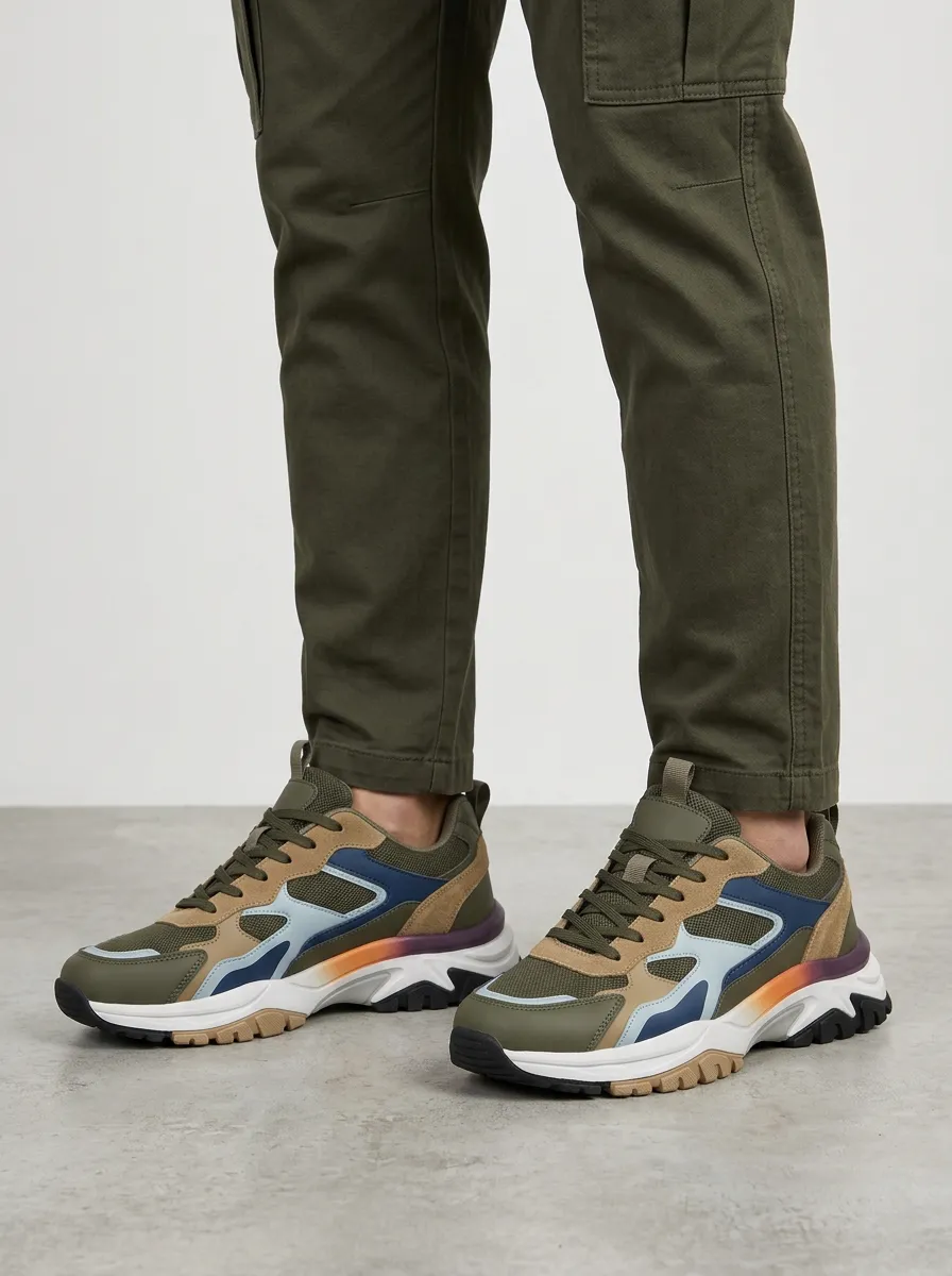 Men's Colorblock Suede Mesh Patchwork Chunky Sole Sneakers