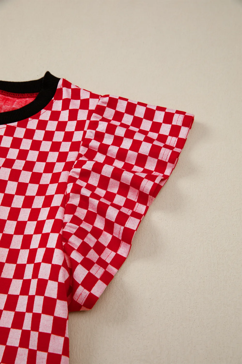 Red Checkered Print Ruffle Short Sleeve Top