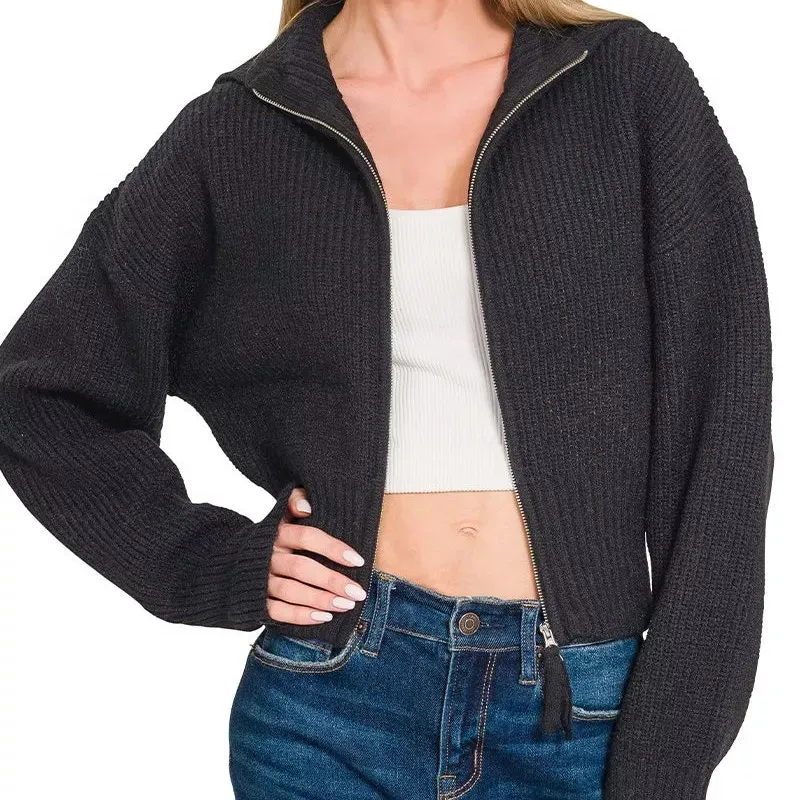 Classic Cropped Zip Up Ribbed Knit Cardigan