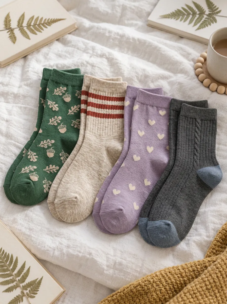 Women's Autumn Aesthetic Acorn Heart Striped Printed Socks Set