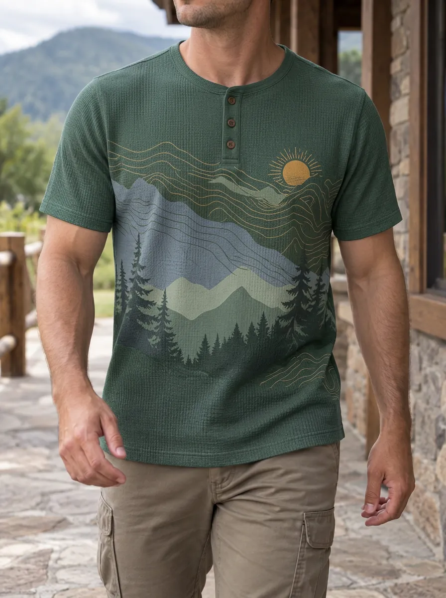 Men's Fresh Nature Lover Mountain Forest Sun Henley T-Shirt