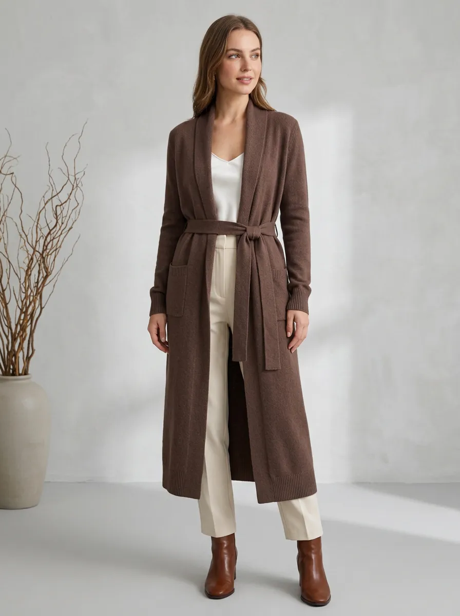 Women's Chocolate Shawl Collar Belted Cardigan Open-Front