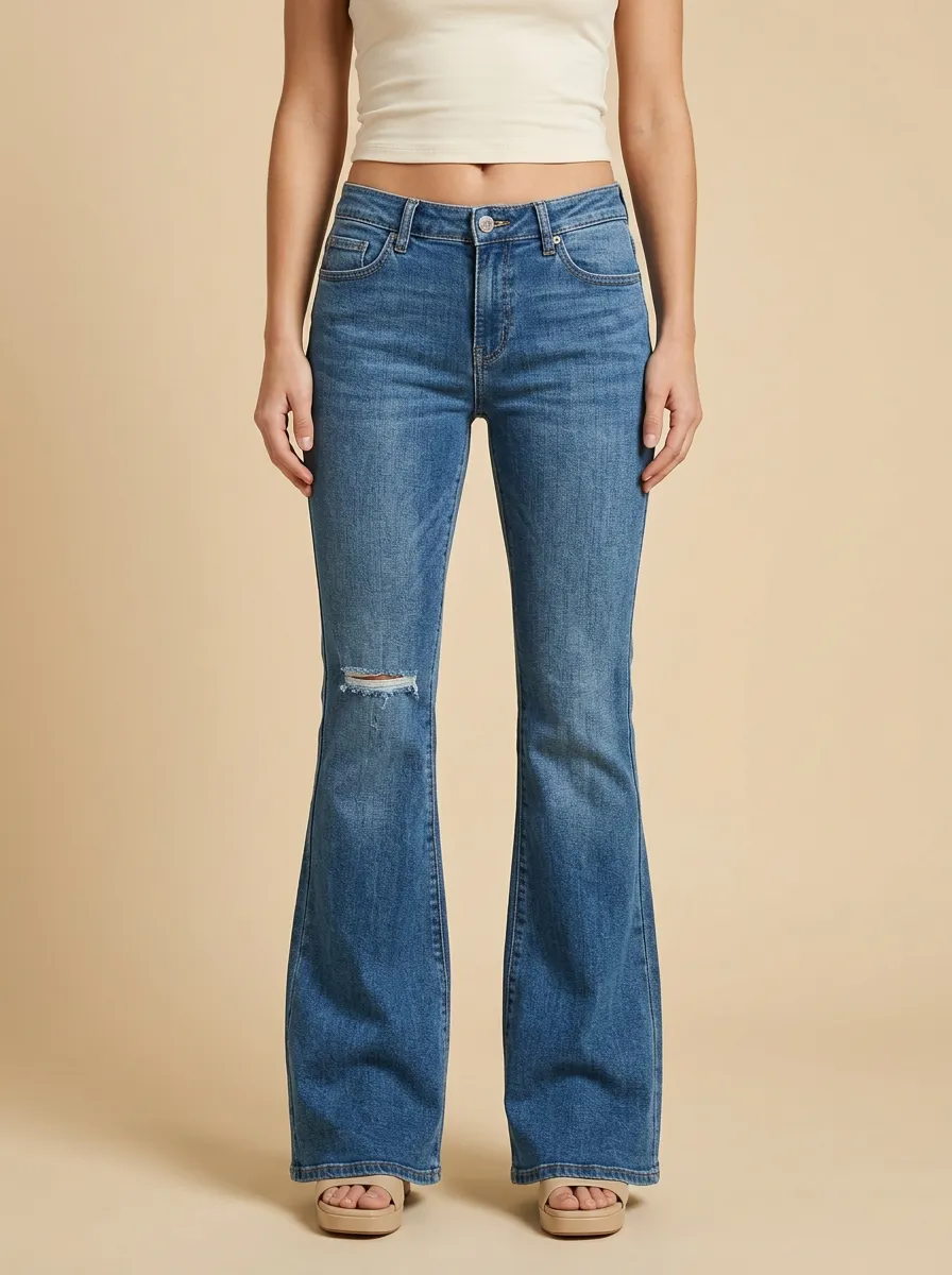 Women's Mid-Rise Right-Knee Faded Coin-Pocket Flare Jeans