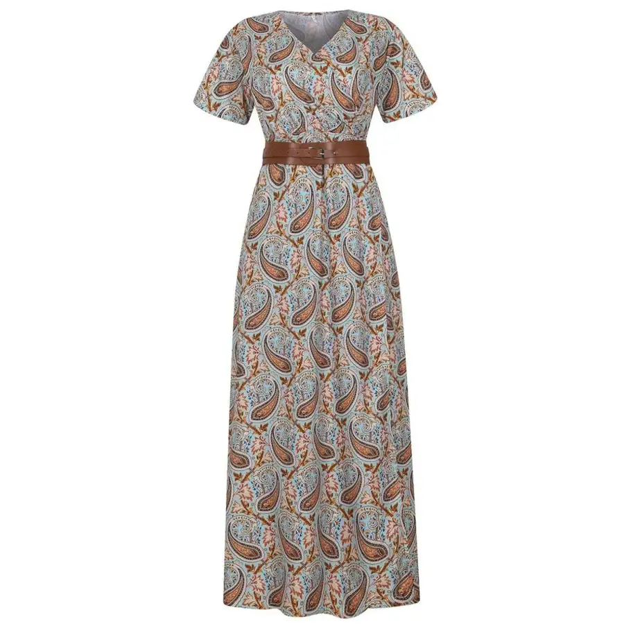 Full Size Printed V Neck Short Sleeve Maxi Dress Plus Size