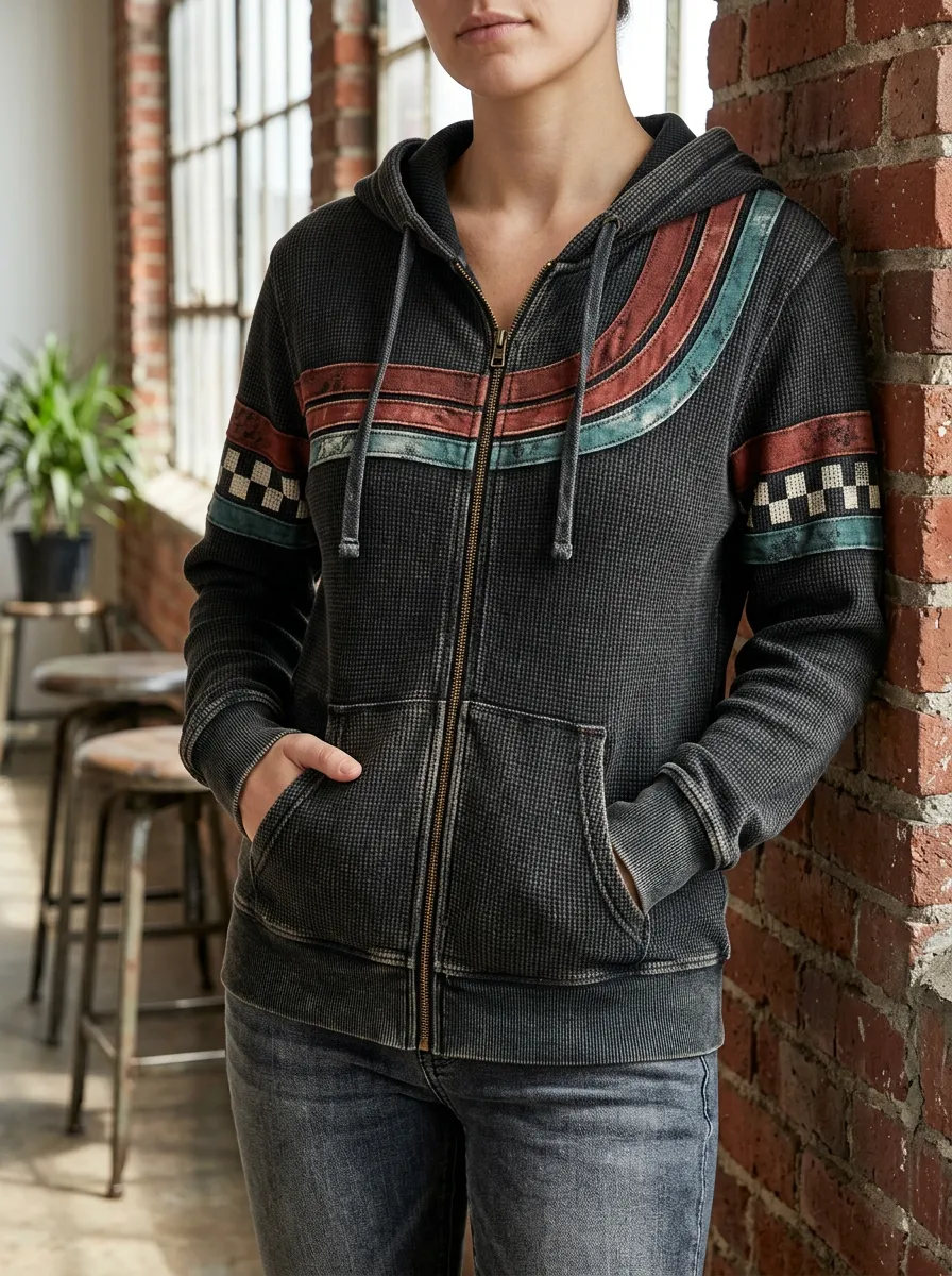 Women's Vintage Striped Checkerboard Printed Waffle Zip Hoodie