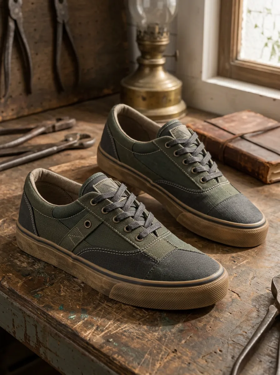 Men's Vintage Style Olive Green Canvas Printed Sneakers