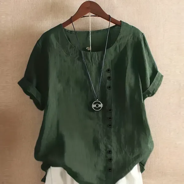Plus Size Solid Button Decor Short Sleeve T-shirt, Women's Plus Casual Round Neck Tee