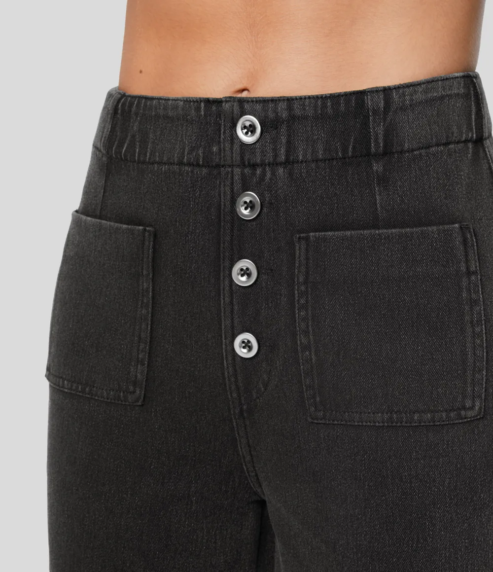 Magic High Waisted Button Pockets Washed Stretchy Knit Casual Wide Leg Jeans