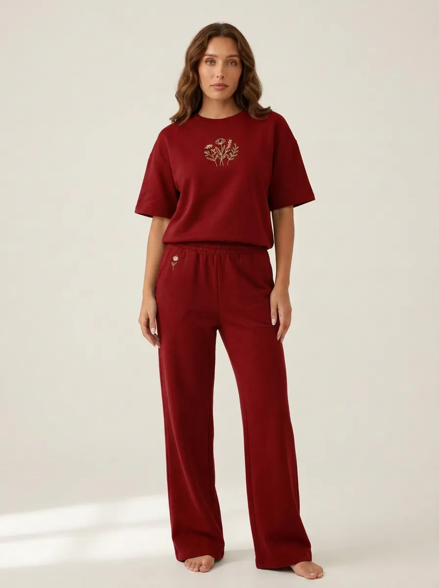 Women's Floral Embroidered Boxy Top And Wide-Leg Trouser Lounge Set