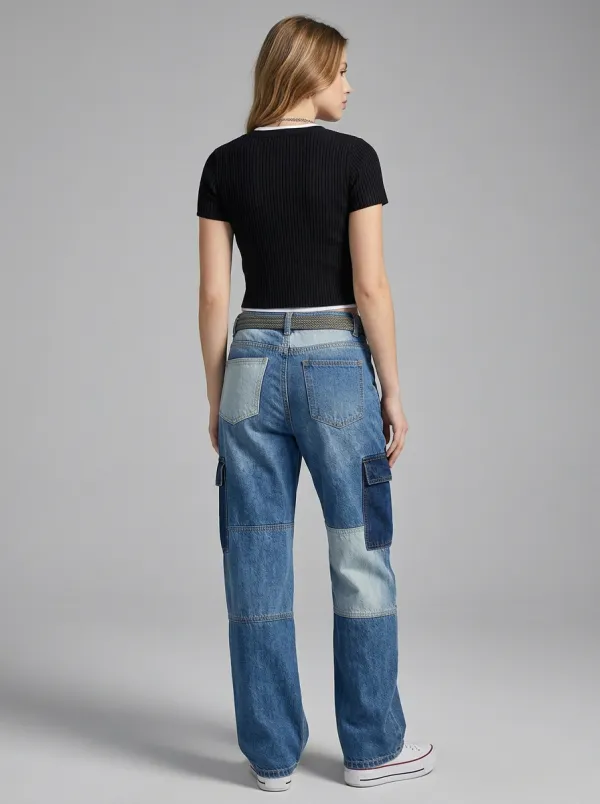 Women's Casual Streetwear Colorblock Patchwork Printed Cargo Jeans