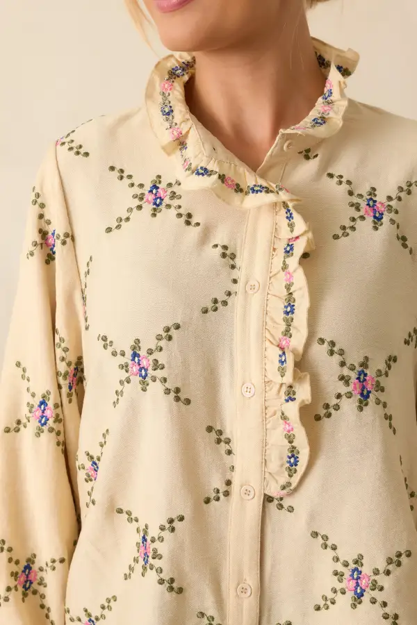 Button-Up Long-Sleeve Mock-Neck Contrast Blouse