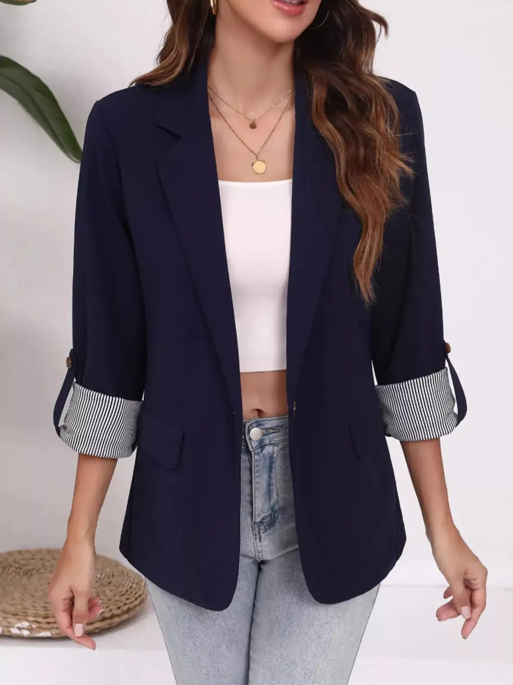 Lapel-Collar Roll-Up-Sleeve Blazer