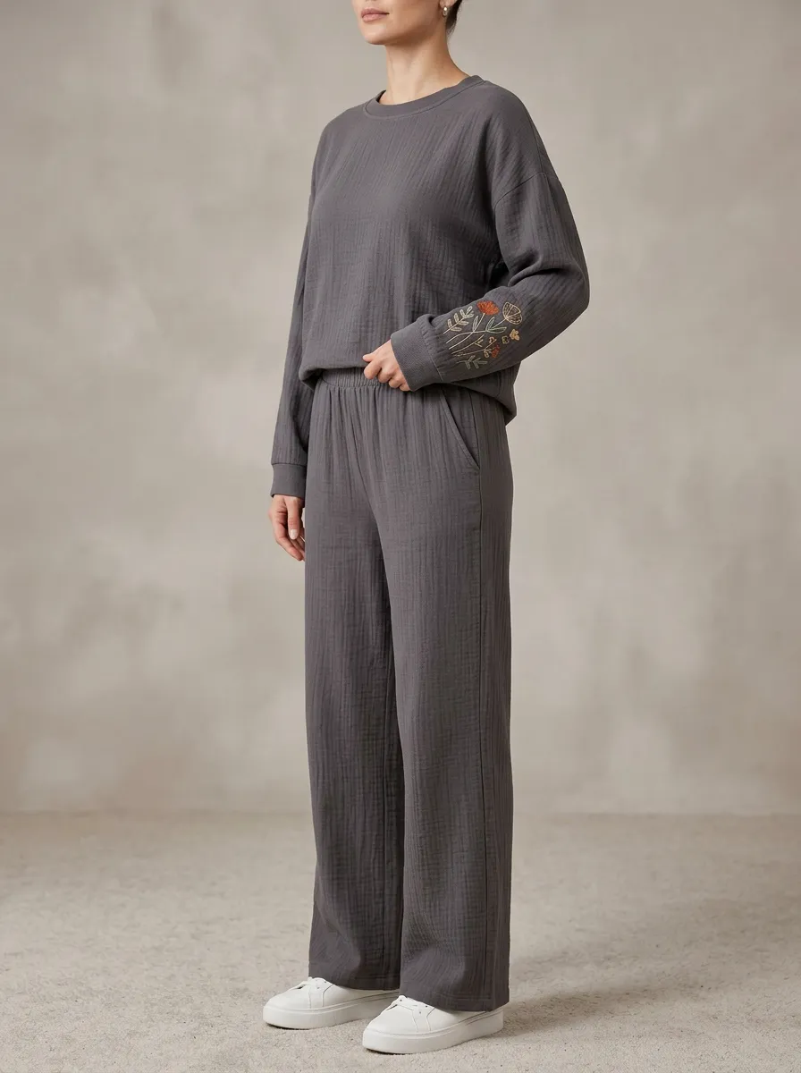 Women's Sleeve Floral Embroidered Crewneck Top And Wide-Leg Trouser Lounge Set