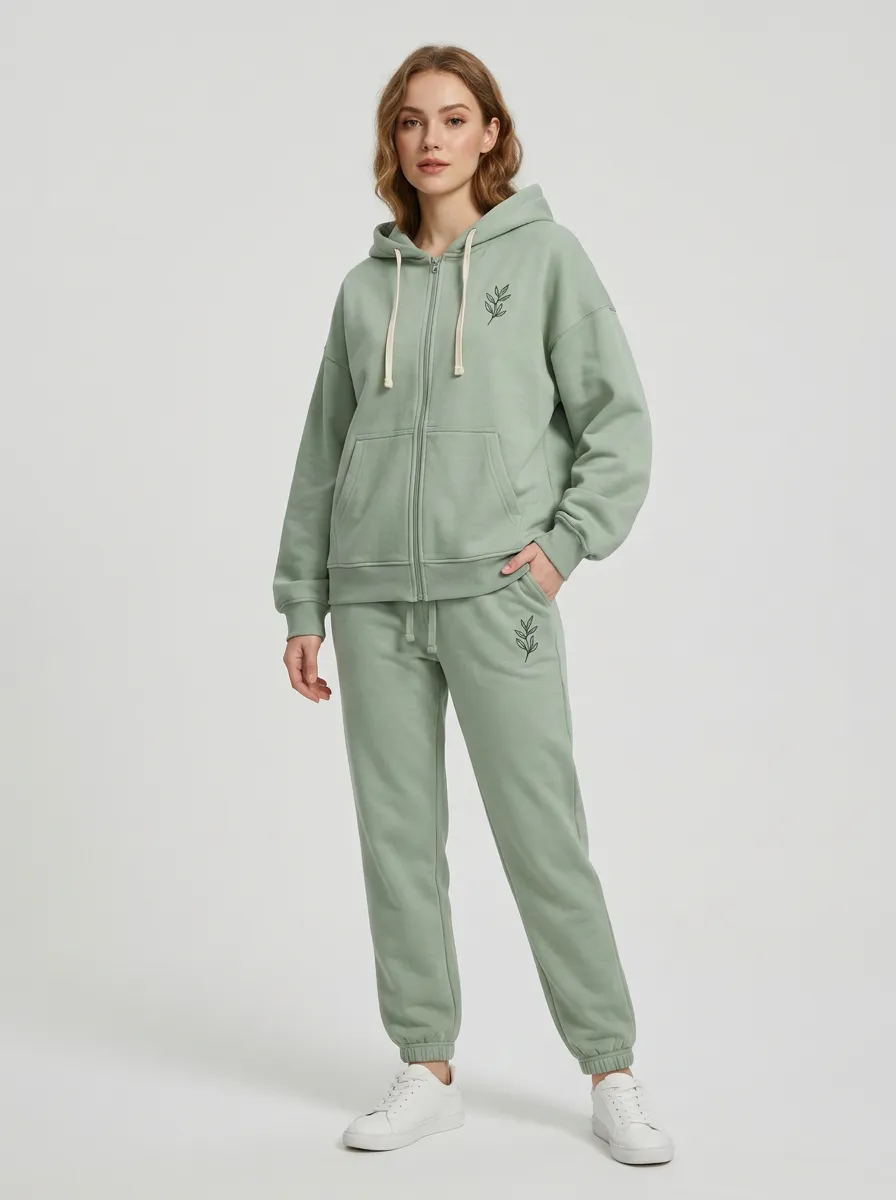Women's Sage Green Botanical Leaf Embroidered Drawstring Hood Relaxed Fit Zip-Up Hoodie Jacket & Jogger Set