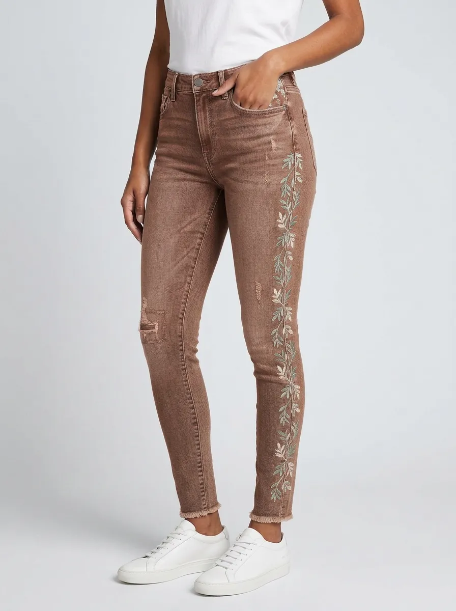 Women's Floral Vine Embroidered Distressed Slim Jeans