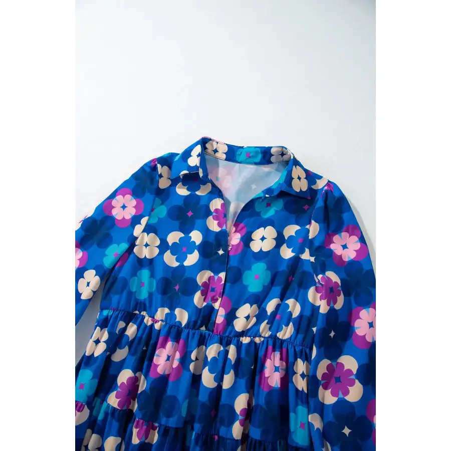 Printed Collared Neck Long Sleeve Midi Dress