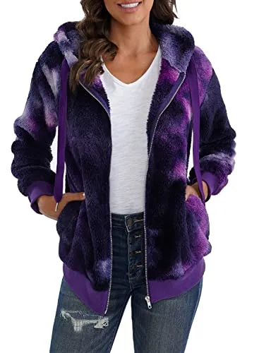 Womens Full Zip Up Sherpa Hoodie Fuzzy Fleece Jacket Oversized Fluffy Coat with Pockets