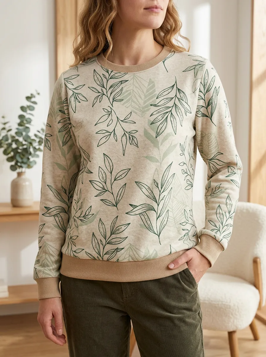 Women's Leaf Print Crewneck Sweatshirt Leaf Print Graphic Print