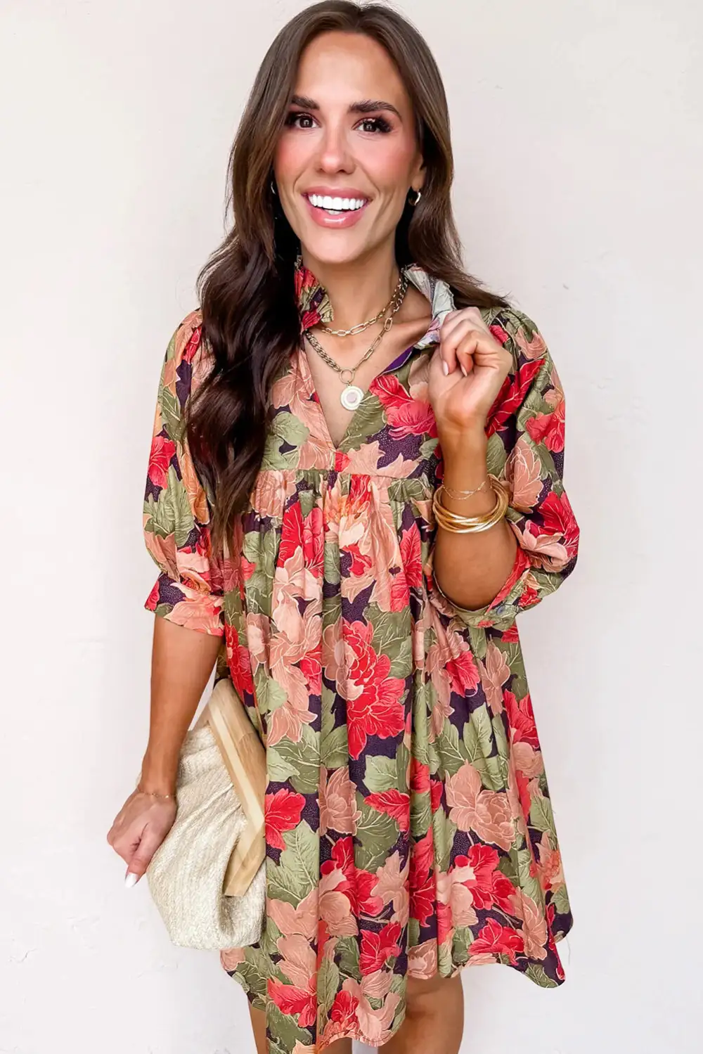 Drape Floral Printed V Neck Mini Dress