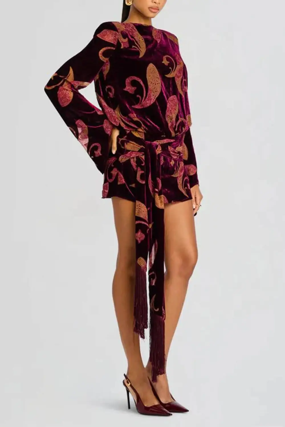 Paisley Print Bell Sleeve Tassel Mini Dress
