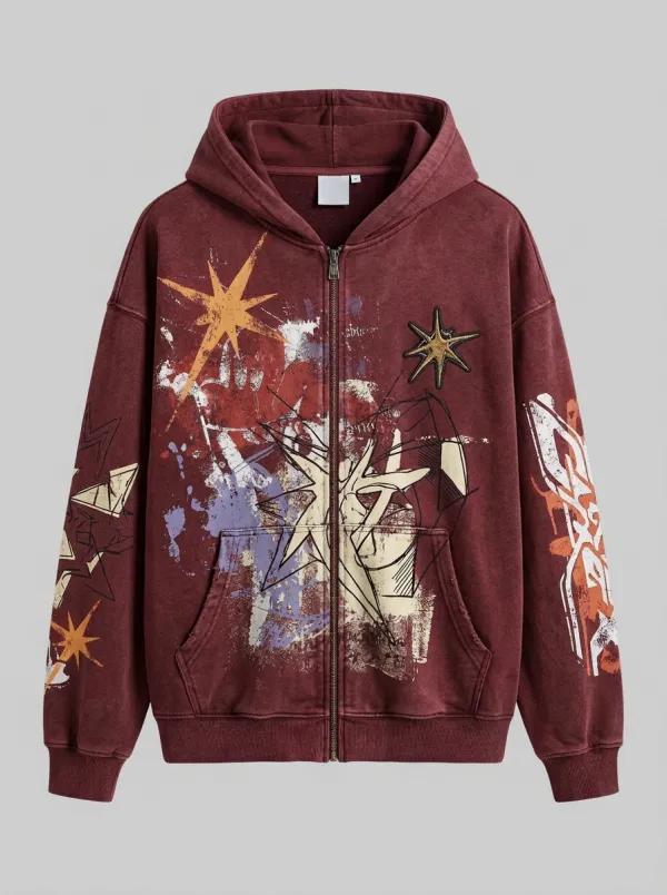 Unisex Streetwear Grunge Star Graffiti Printed Zip-up Hoodie