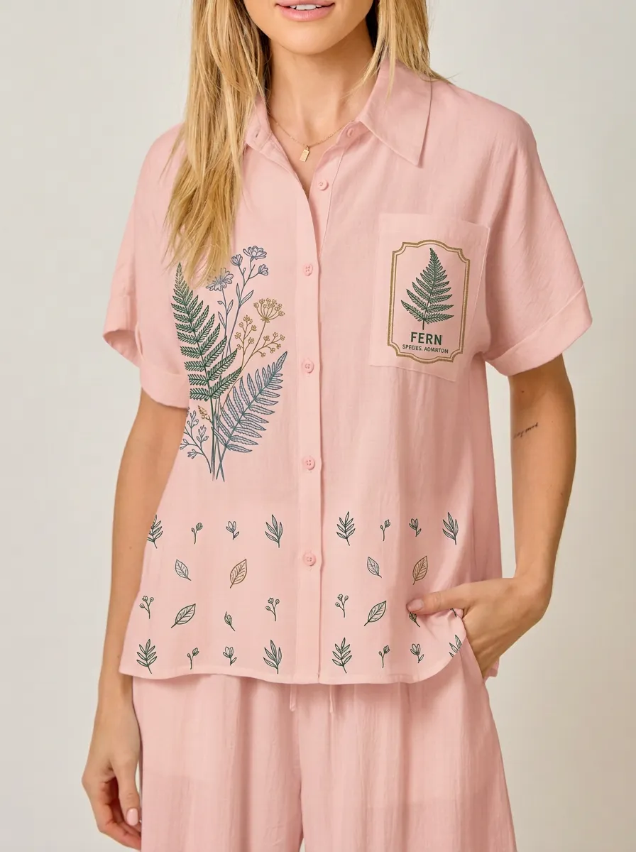 Women's Botanical Fern Leaf Graphic Button-up Shirt Tank Top
