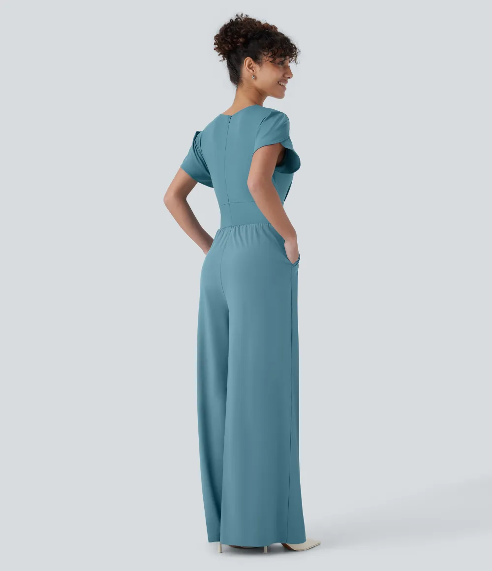 Breezeful V Neck Petal Sleeve Pocket Wide Leg Flowy Quick Dry Work Jumpsuit