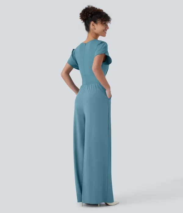Breezeful V Neck Petal Sleeve Pocket Wide Leg Flowy Quick Dry Work Jumpsuit