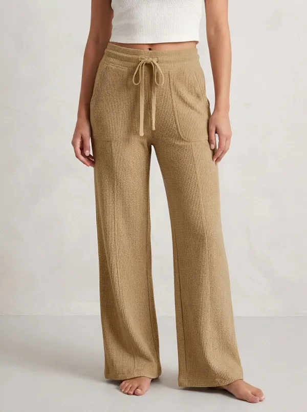 Women's Casual Lounge Waffle Knit Drawstring Wide Leg Pants