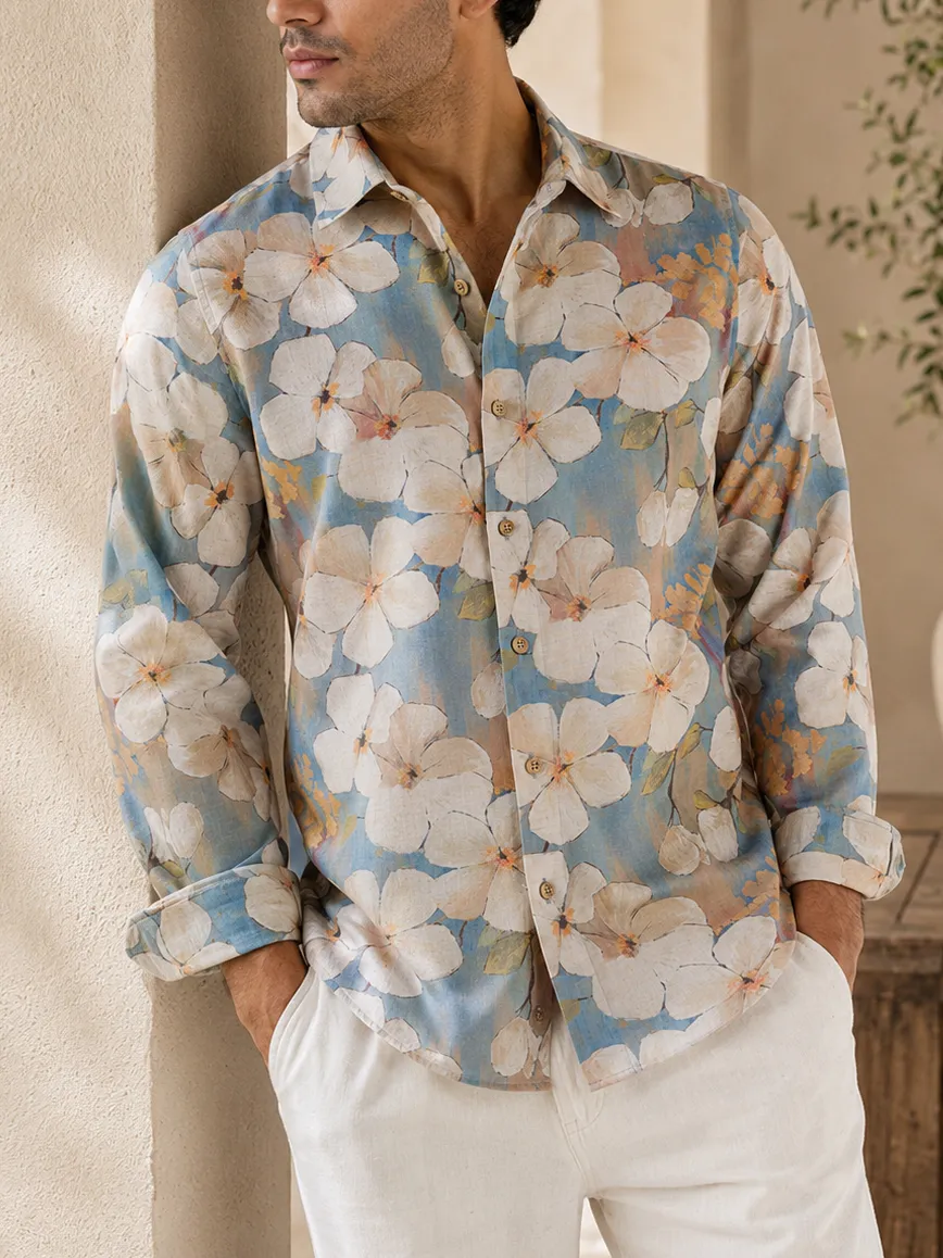 Slim Fit Printed Linen Men's Formal Shirt