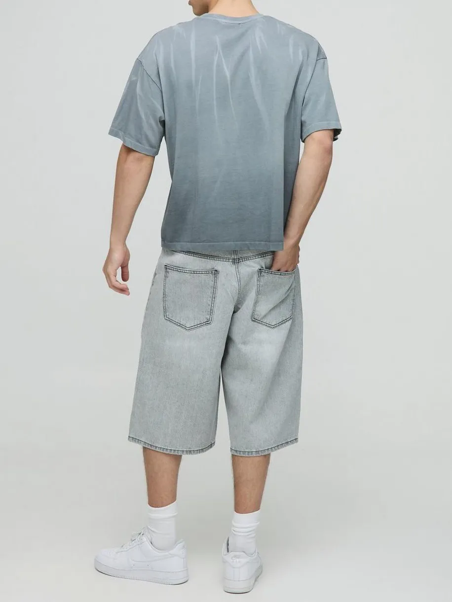 Longline Light Grey Washed Cotton Seven Points Denim Jorts