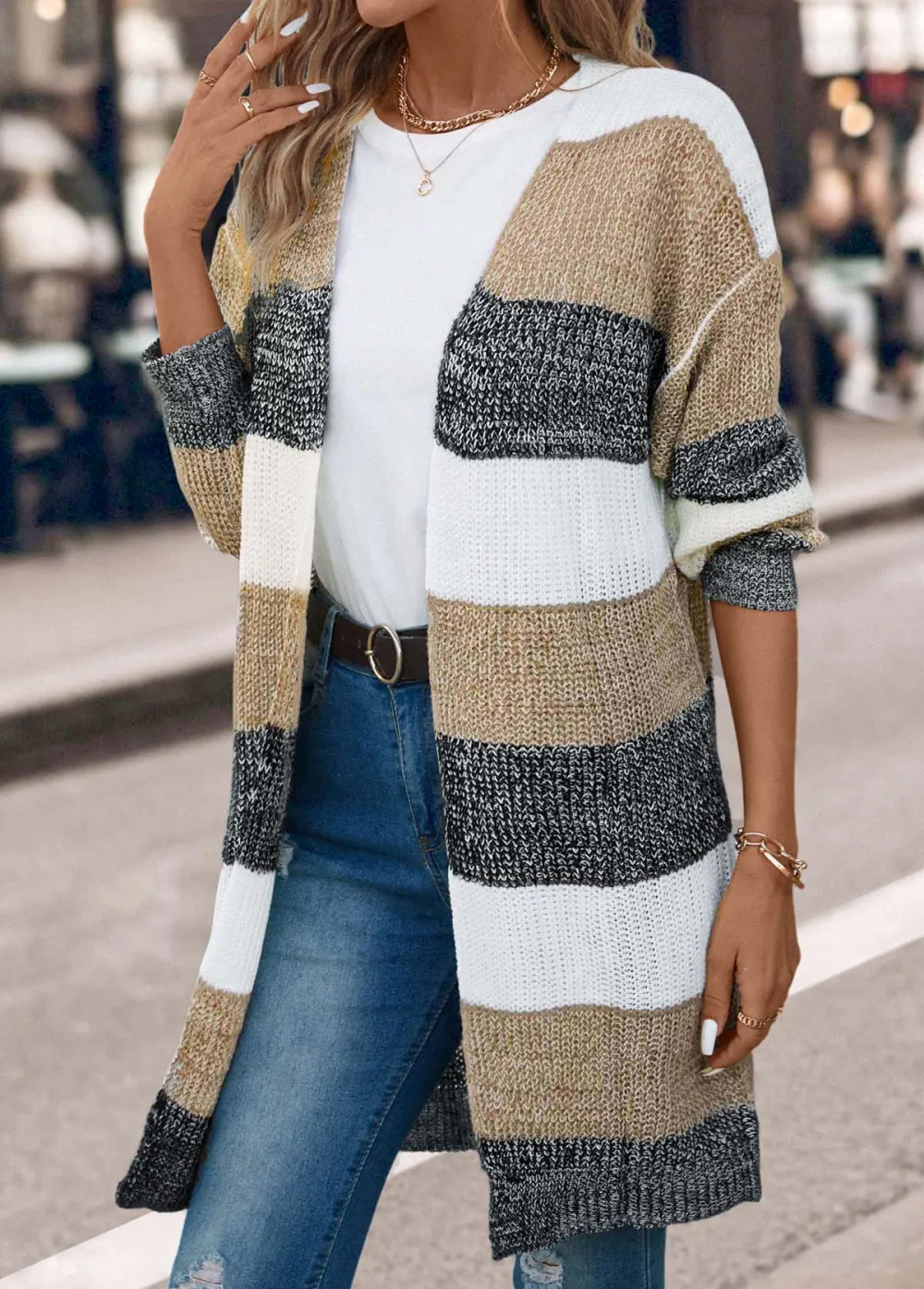 Dark Grey Weave Long Sleeve V Neck Coat
