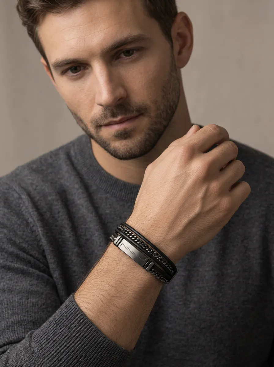 Men's Minimalist Leather Stainless Steel Chain Bracelet