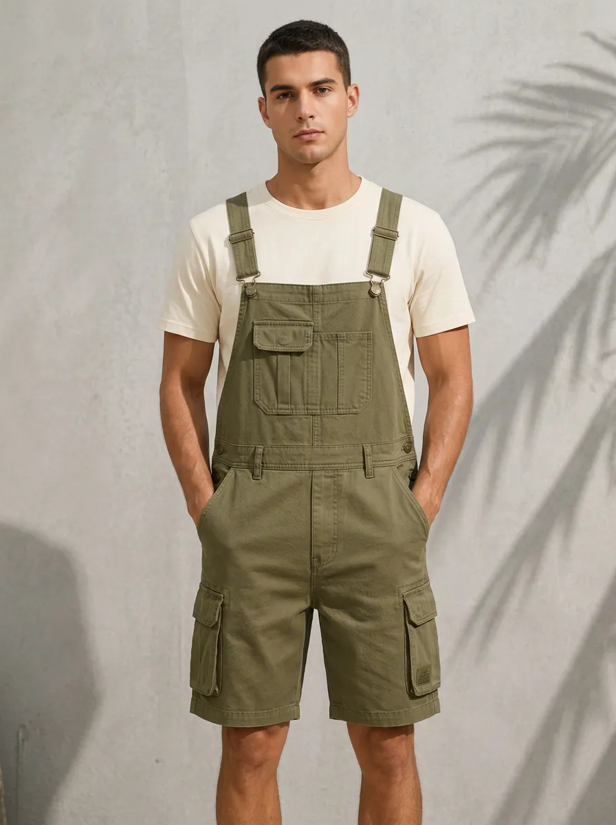 Men's Casual Olive Green Cargo Pocket Bib Overalls Shorts