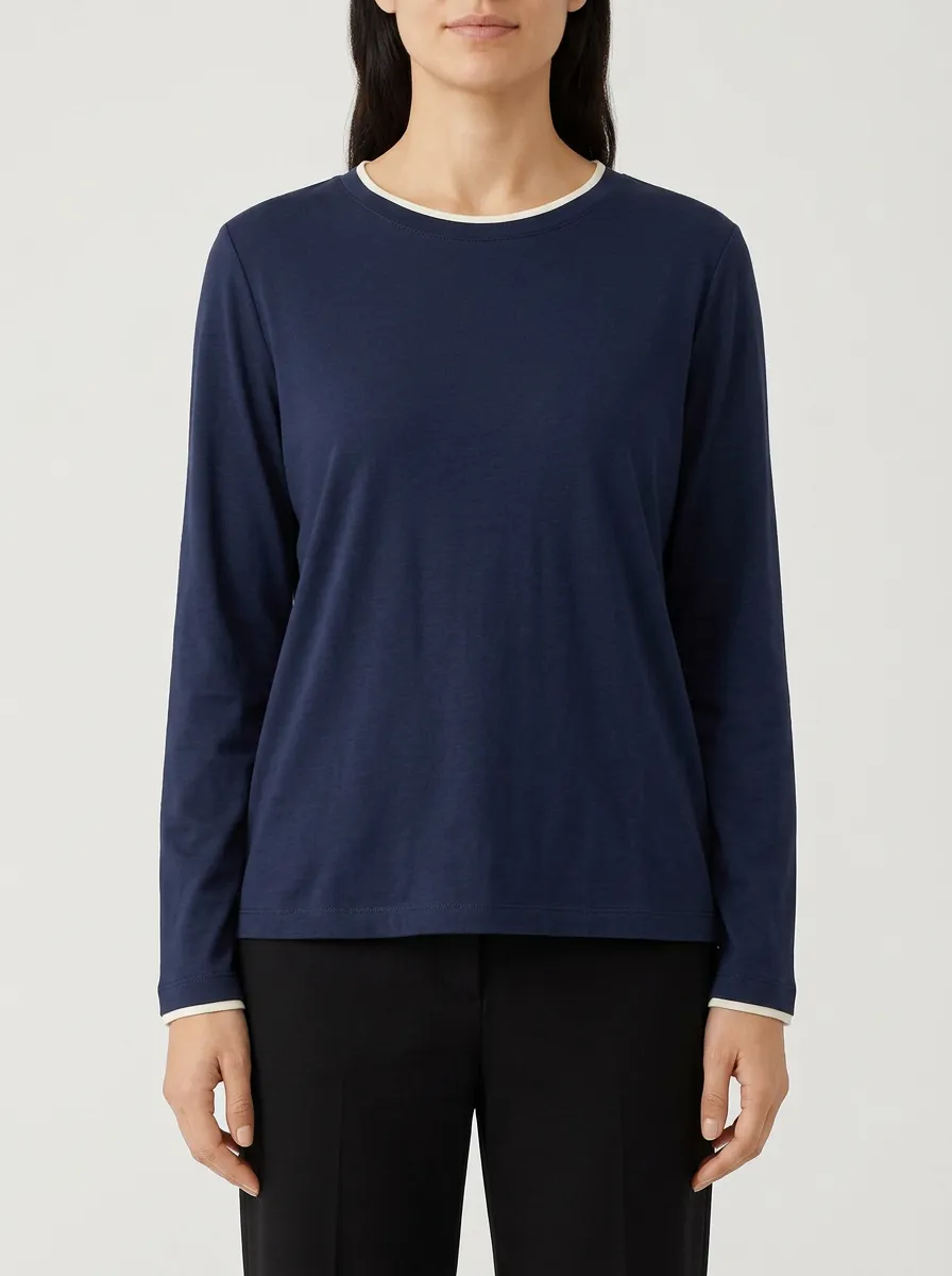 Women's Contrast-Trim Contrast Trim Long-Sleeve Crew-Neck T-Shirt