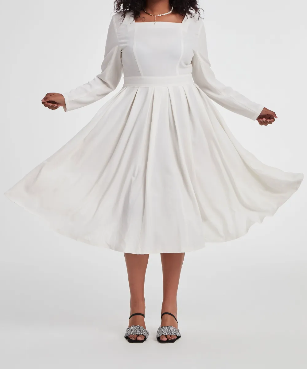 Linen Cotton Fit And Flare Pleated Square Neck Long Sleeve Midi Dress
