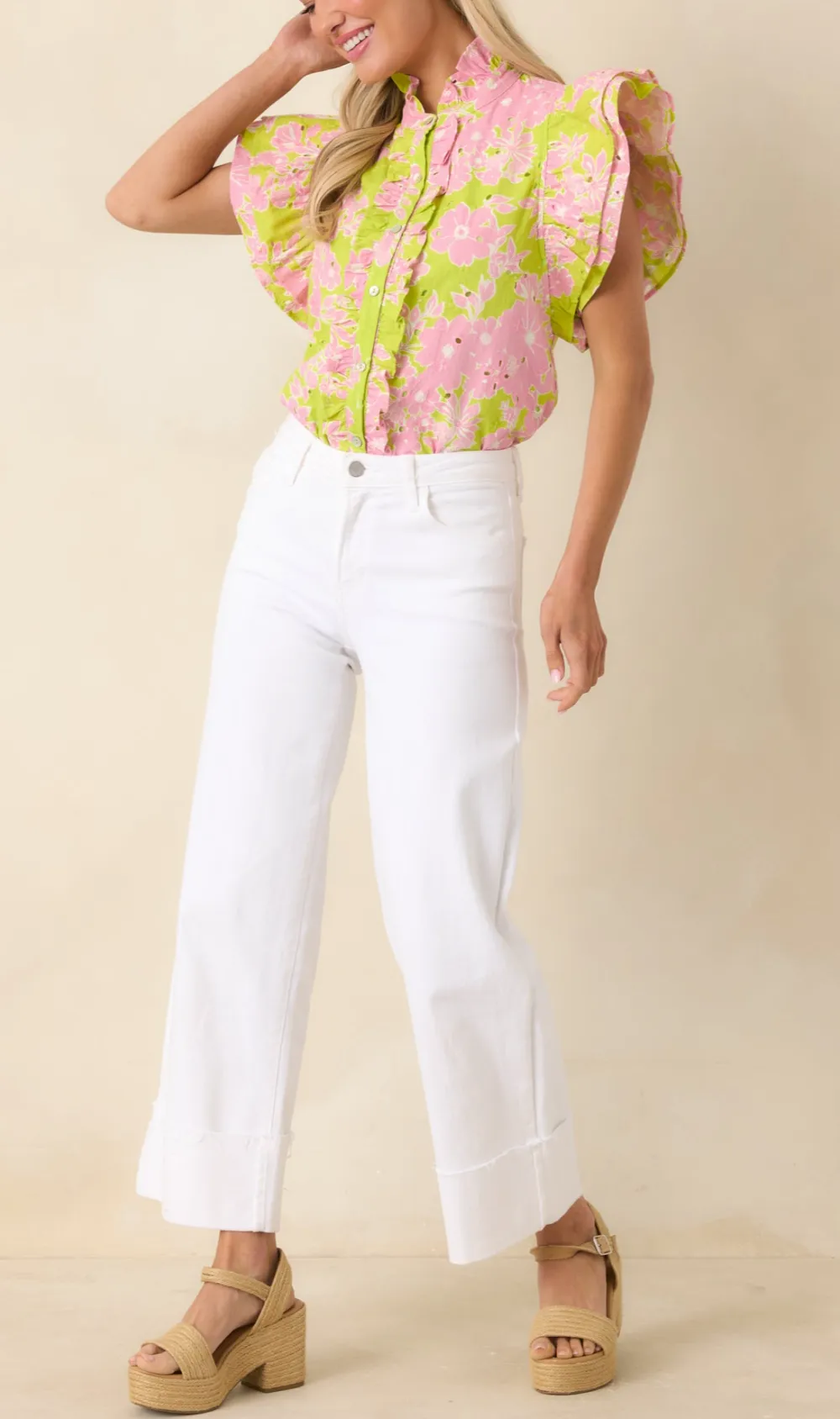 Button-Front Short-Sleeve Flutter-Sleeve Contrast Top