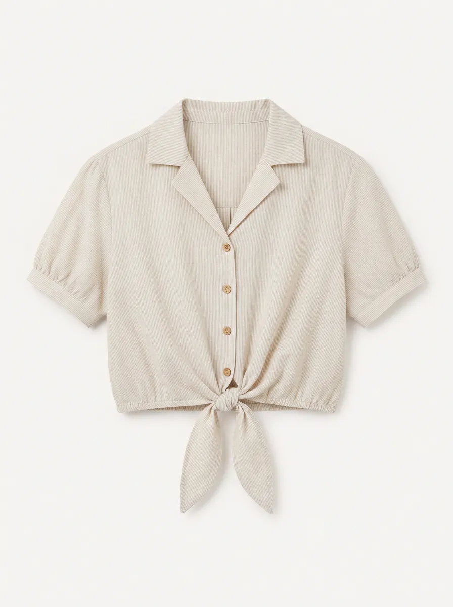 Women's Casual Beige Striped Tie-Front Button-Down Crop Top