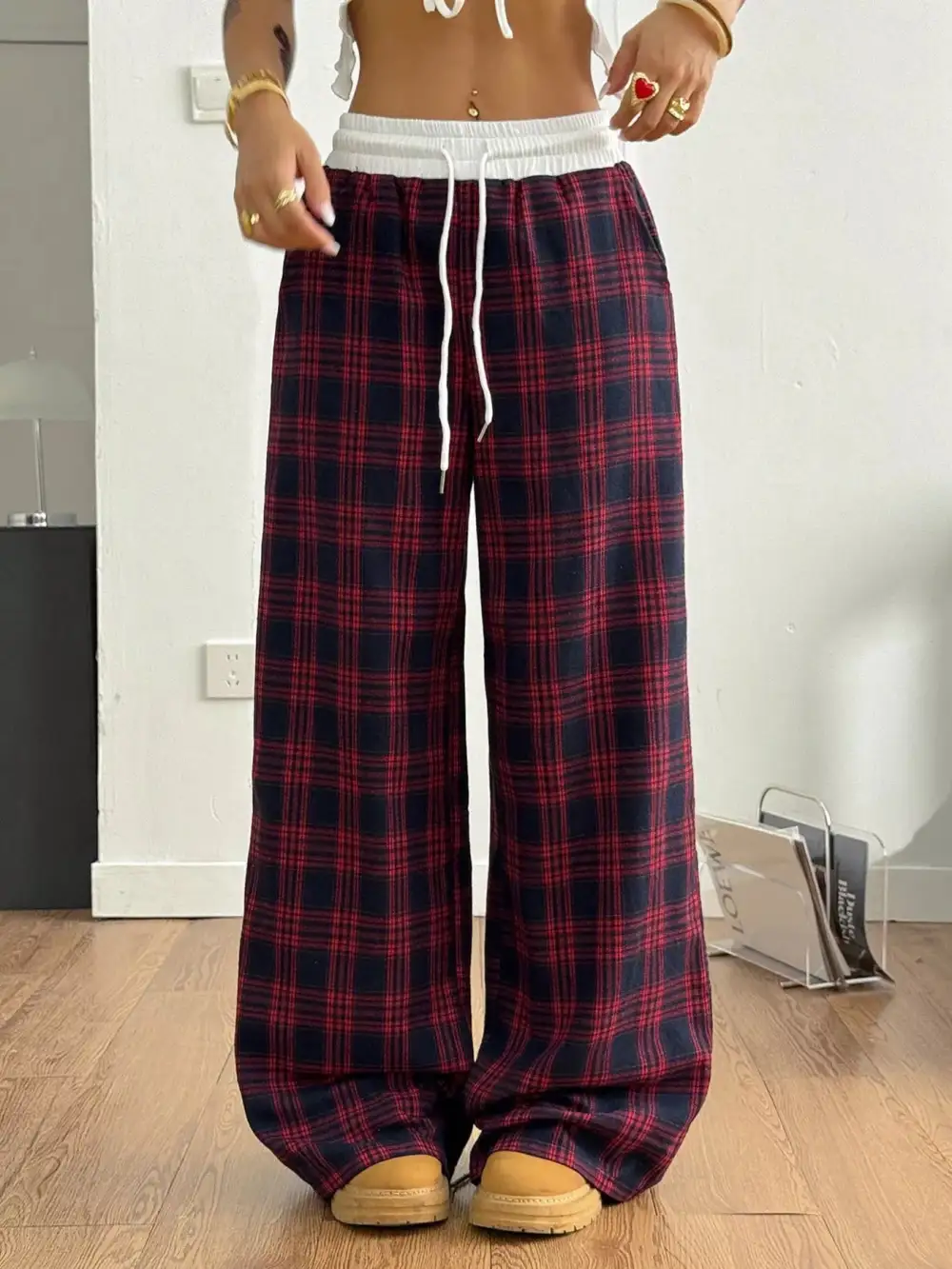 Plaid Wide Leg Pants With Elastic Waistband