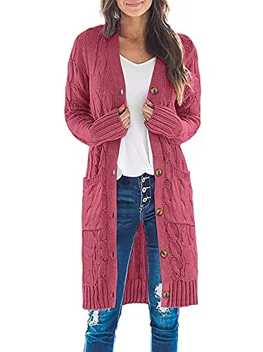Womens Long Sleeve Cable Knit Long Cardigan Open Front Button Sweater Outerwear