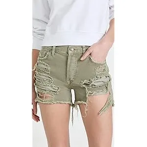 Mid Rise Belted Distressed Denim Shorts