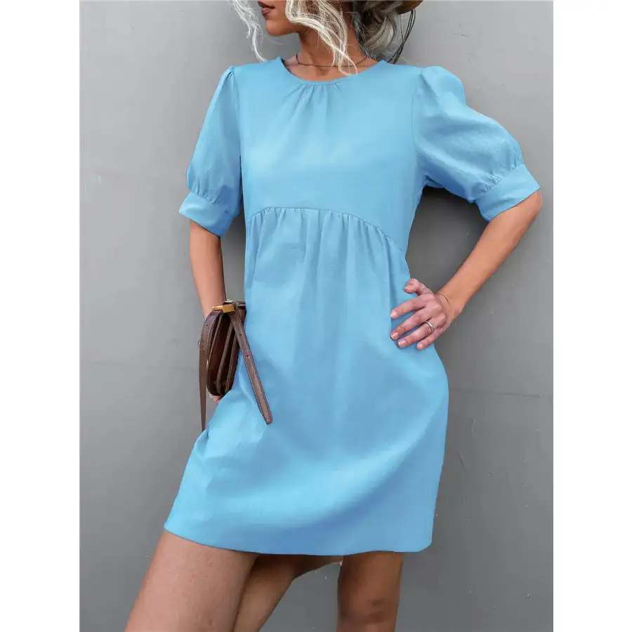 Round Neck Puff Sleeve Mini Dress