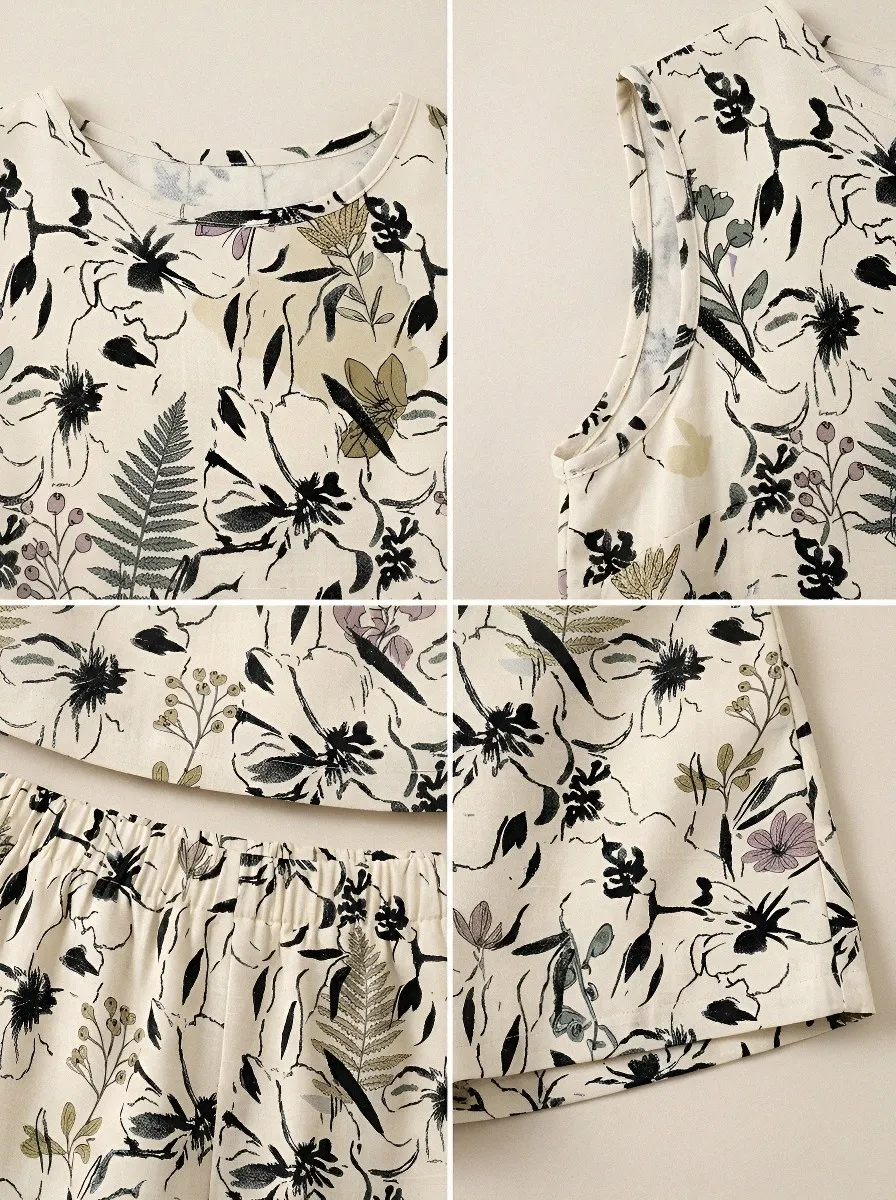 Women's Botanical Floral Fern Printed Sleeveless Short Set