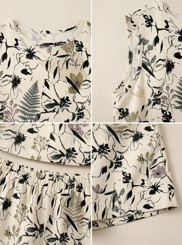 Women's Botanical Floral Fern Printed Sleeveless Short Set